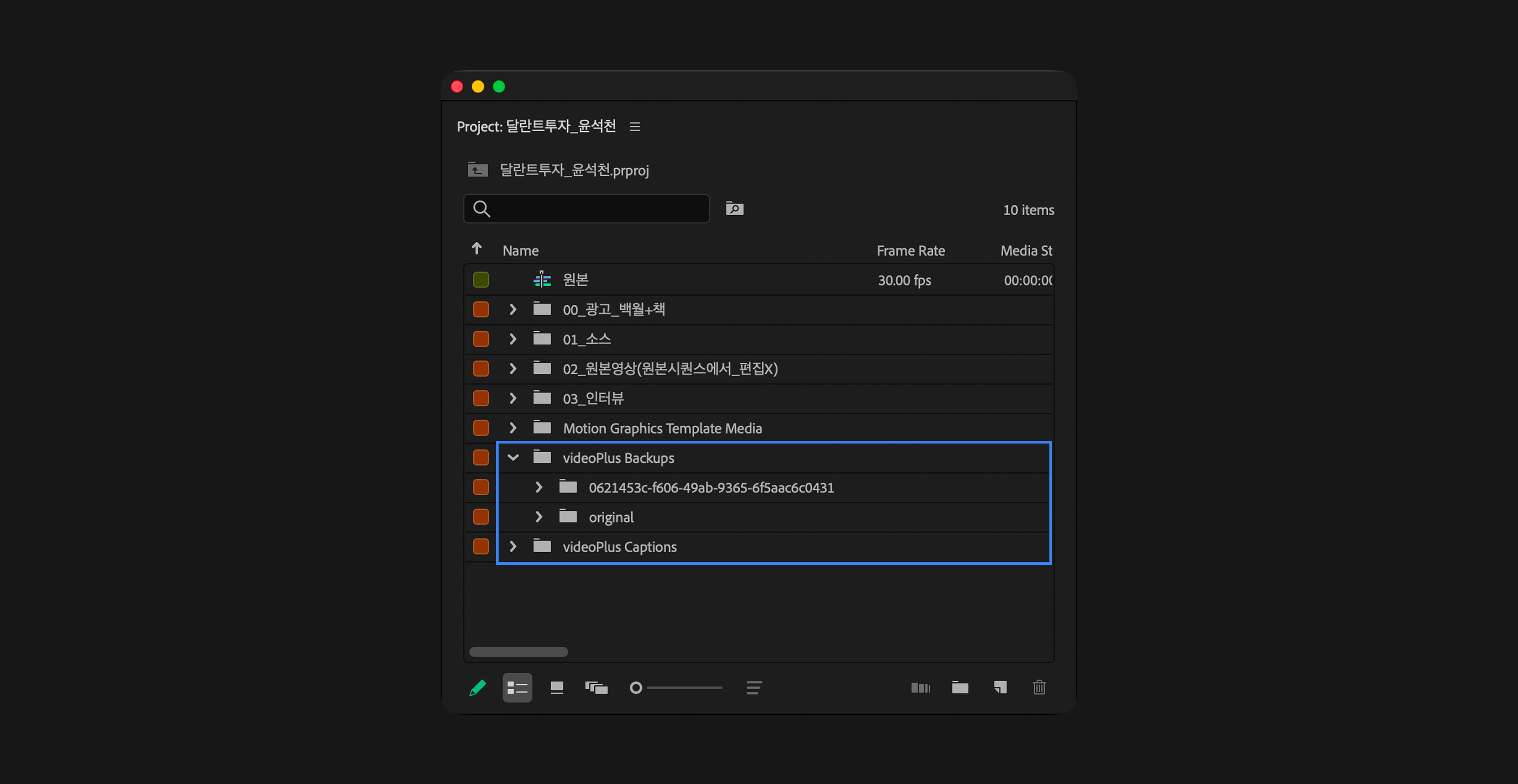 프로젝트 패널 - videoPlus 폴더 구조