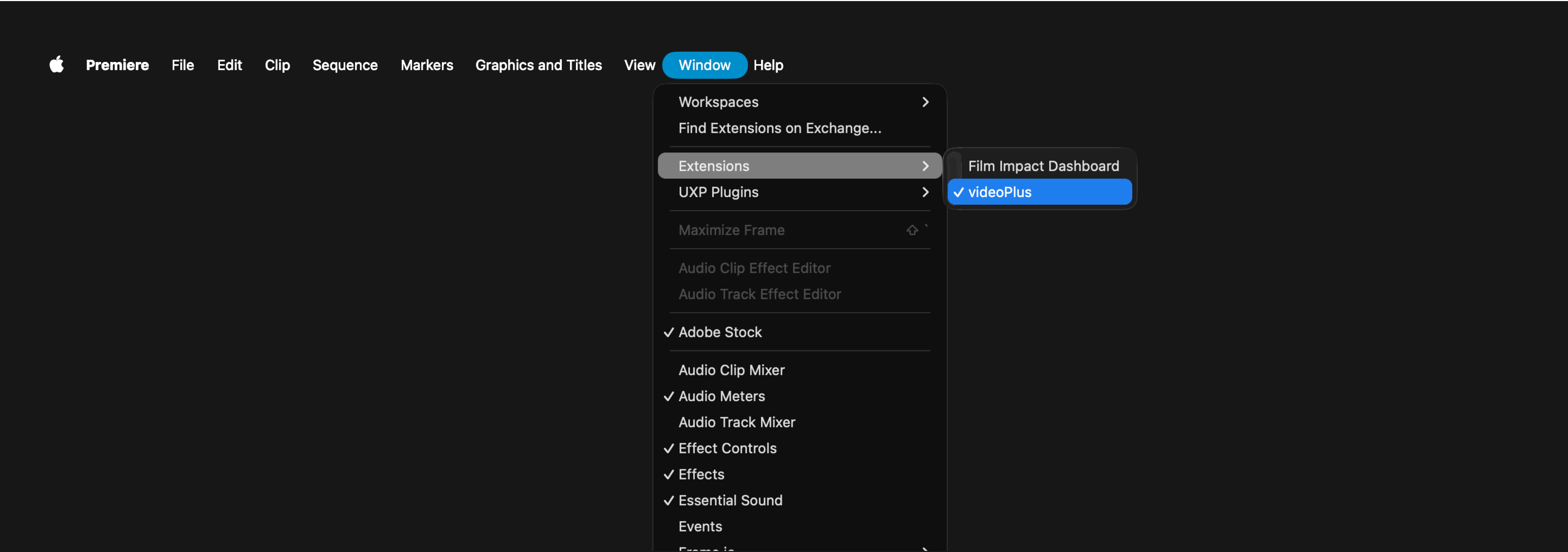Window > Extensions > videoPlus 메뉴
